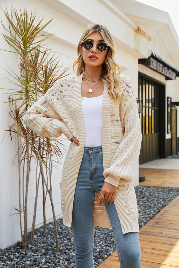 Open Front Pocketed Long Sleeve Knitted Solid Cardigan