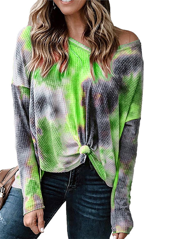 Off Shoulder Tie Dyed Women Casual Long Sleeve Shirt