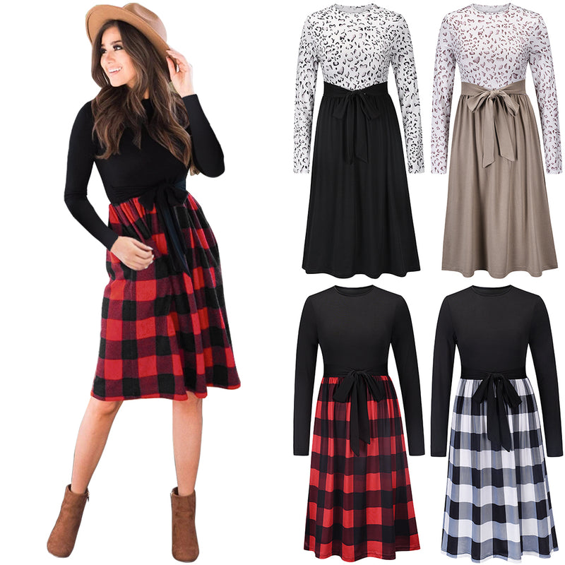 Crew Neck Long Sleeve Plaid Botton Midi Dress