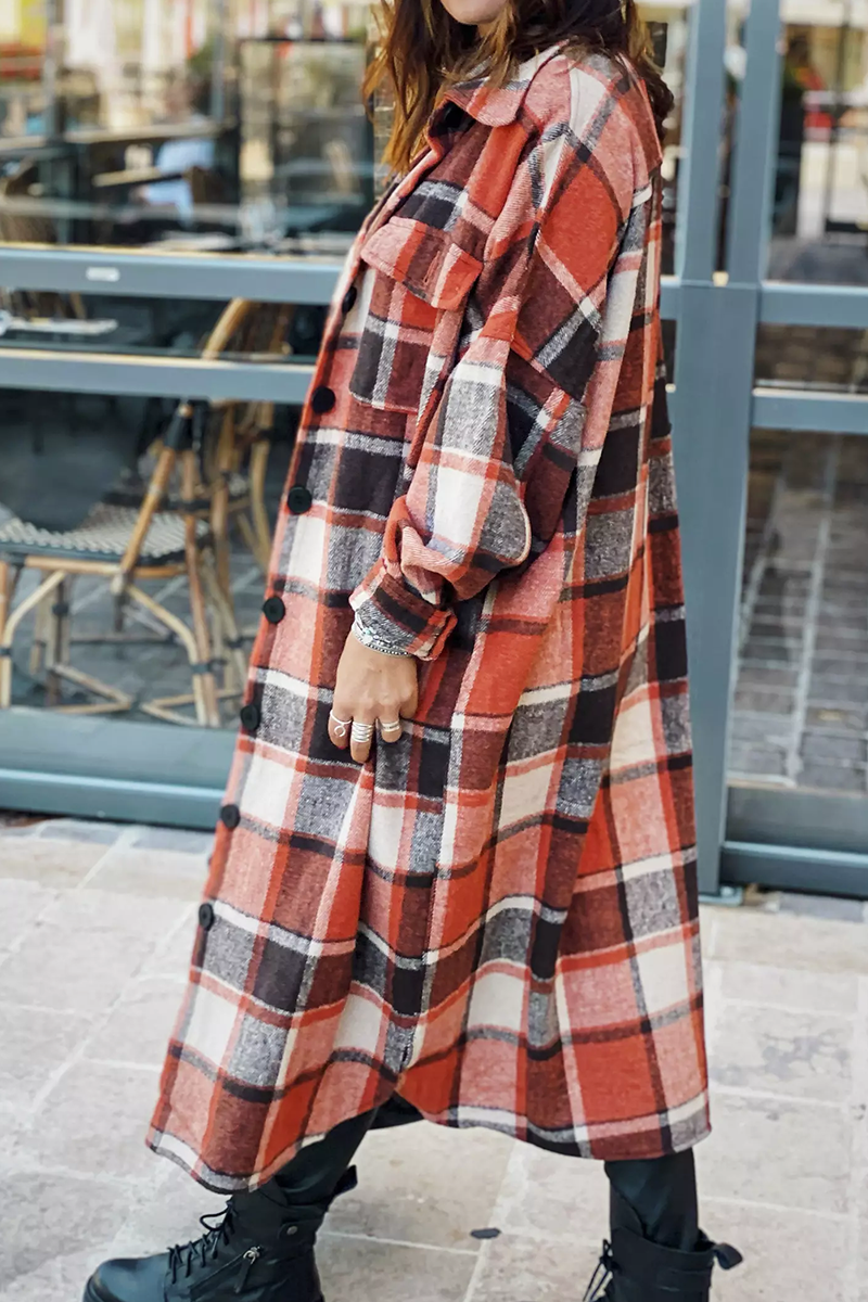 Lapel Plaid Print Woolen Long Coat