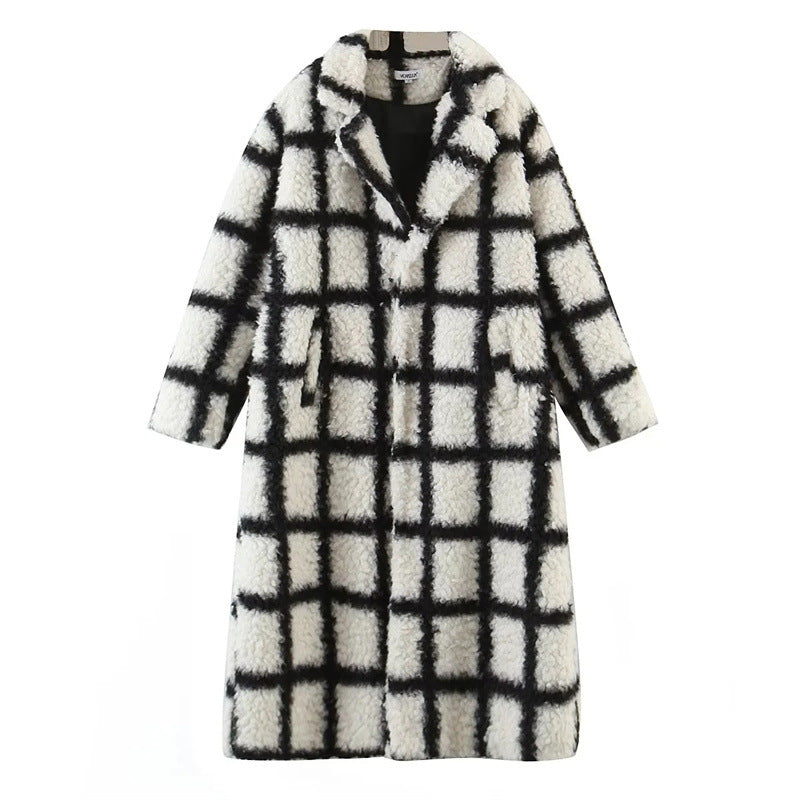 Turn Down Collar Long Sleeve Plaid Long Outerwear