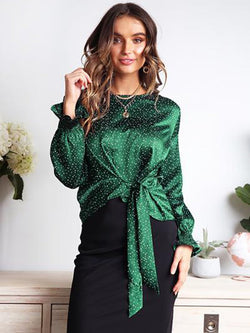 Flare Sleeve Crew Neck Self-tie Polka Dot Top - Landing Closet