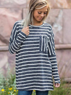 Long Sleeve Stripe Crew Neck Pocket T-shirt