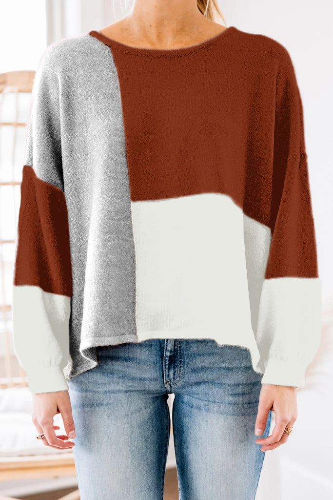 Color Block Tie Back Long Sleeve Patchwork Sweater Top