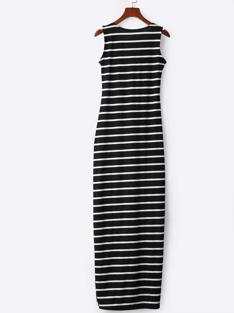 Black Striped Scoop Neck Asymmetrical Maxi Dress - Landing Closet