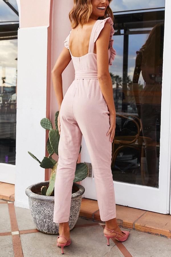 Sweet Solid Color Ruffle Jumpsuit