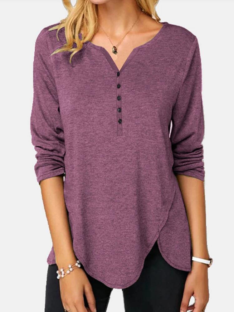 Irregular Hem Button Solid Long-sleeve T-shirt