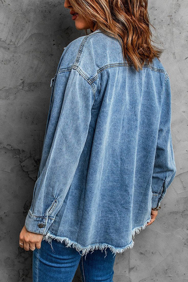 Pocket Raw Hem Button Denim Jacket