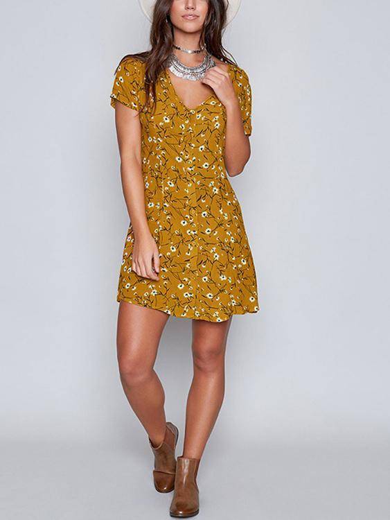 Random Floral Print Button Front Short Sleeves Mini Dress - Landing Closet