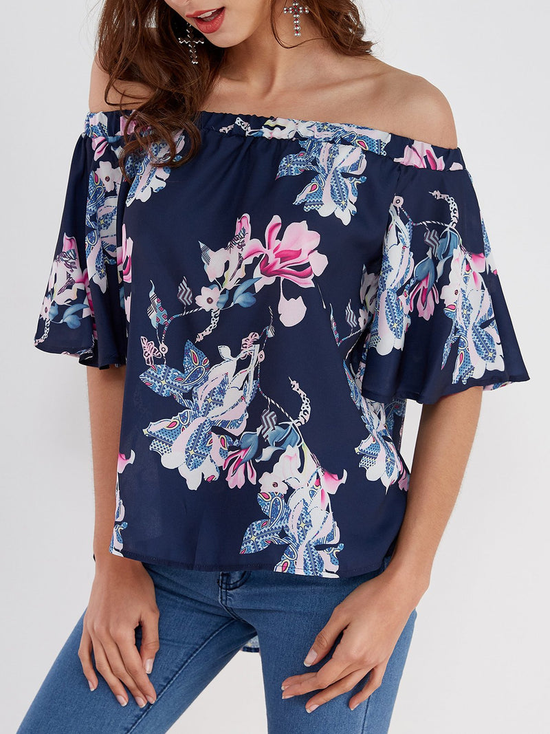 Floral Off Shoulder Blouse Irregular Hem - Landing Closet