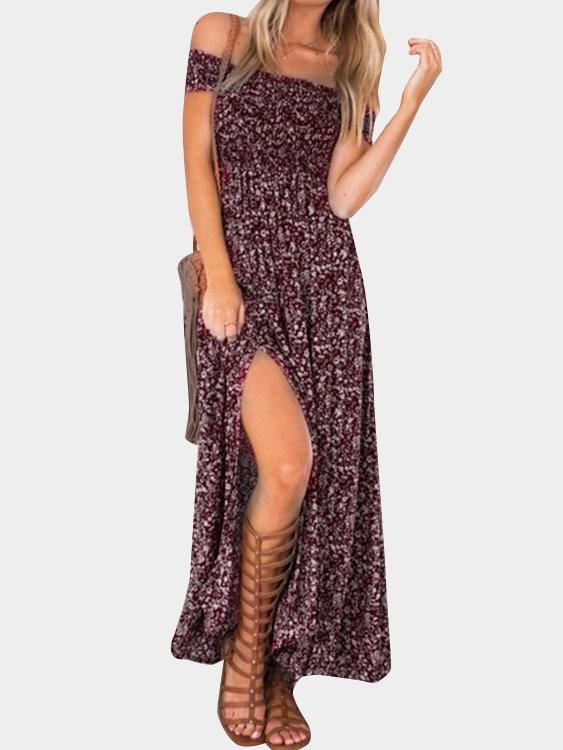 Floral Print Off Shoulder Splited Hem Maxi Dresses - Landing Closet