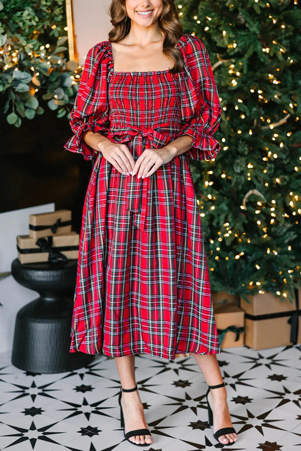 Christmas Means More Plaid Smocked Midi Dress