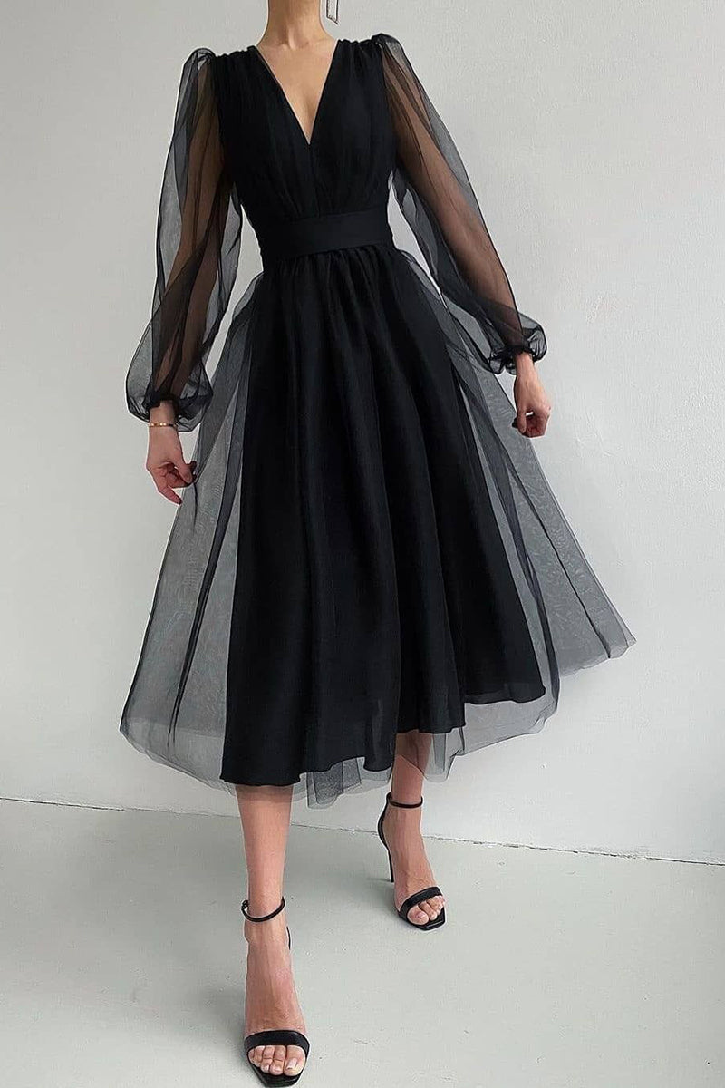 V Neck Tulle Long Sleeve Midi Dress