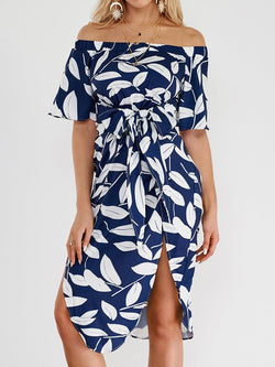 Random Floral Print Off Shoulder Splited Dress - Landing Closet