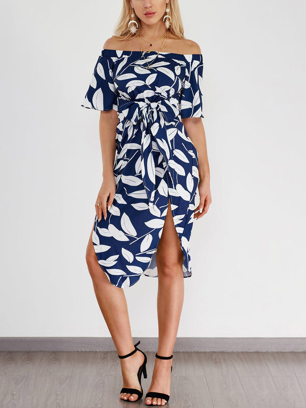 Random Floral Print Off Shoulder Splited Dress - Landing Closet