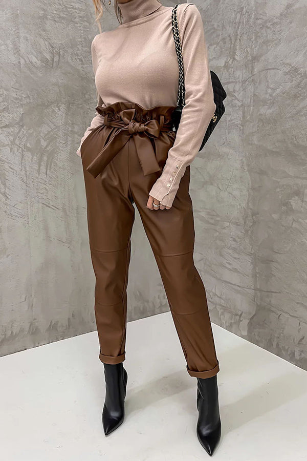 The Dash Petal Waist Pocketed Faux Leather Pants