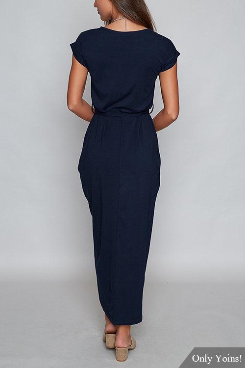 Navy Self-tie Design Irregular Hem Dress - Landing Closet