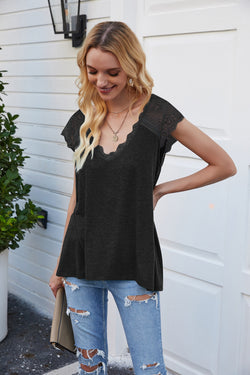 Lace Short Sleeve V-Neck Tops