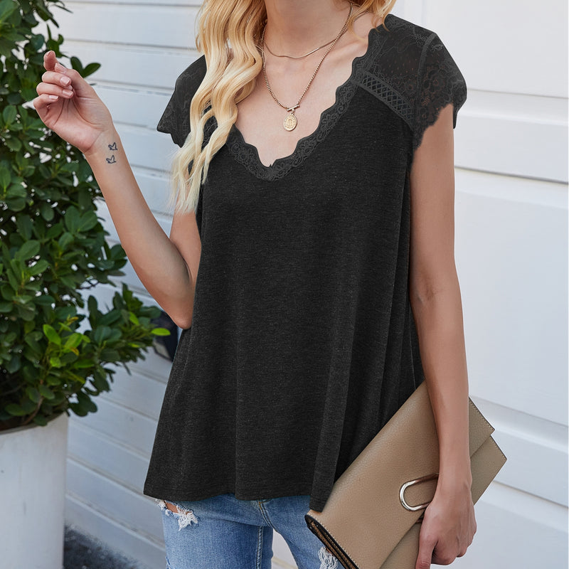 Lace Short Sleeve V-Neck Tops