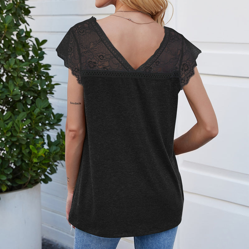 Lace Short Sleeve V-Neck Tops