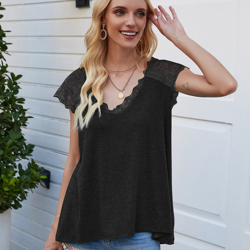 Lace Short Sleeve V-Neck Tops