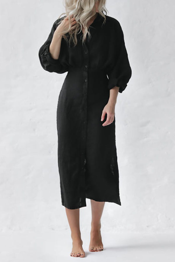 Button Bat Sleeve Midi Shirt Dress