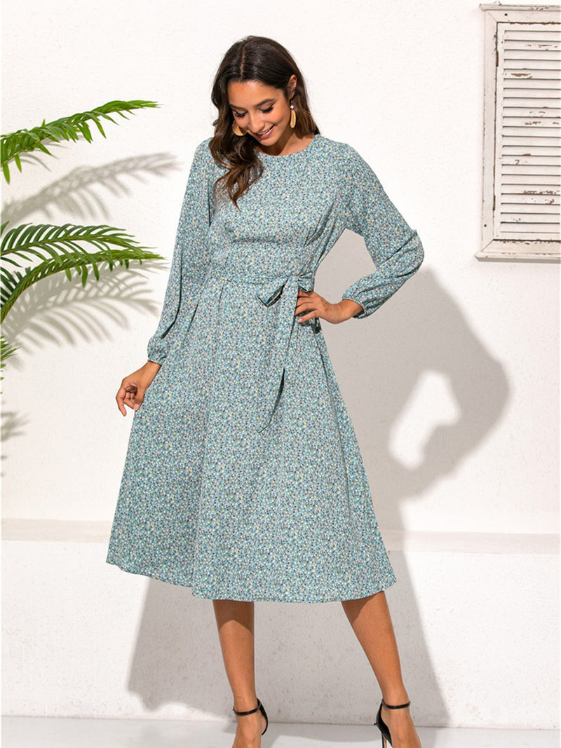 Casual Ditsy Floral Print Long Sleeve Midi Dress