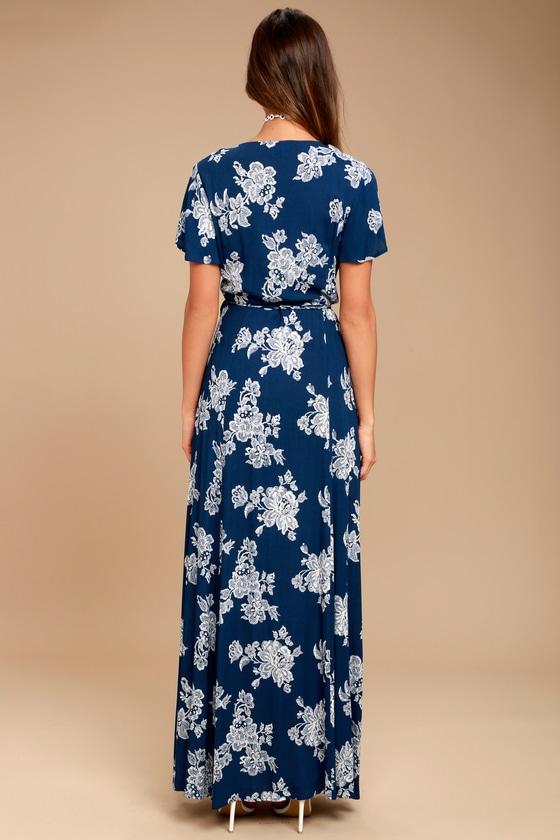 Navy Short Sleeve Sexy Summer V-Neck Maxi Dress