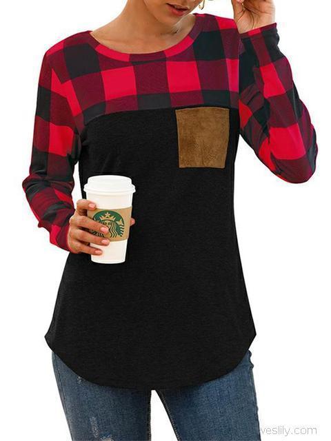 Round Neck Plaid Stitching Pocket Tops