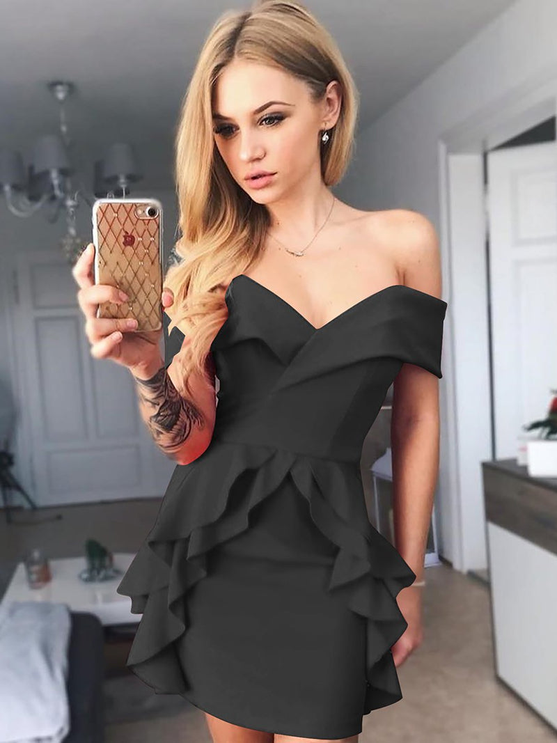 Off Shoulder Ruffled V-neck Mini Dress