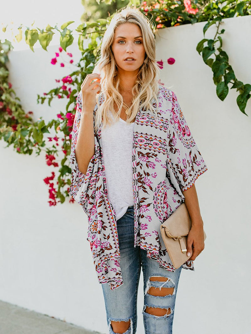 Floral Print Front Open Short Sleeve Cardigan - Landing Closet