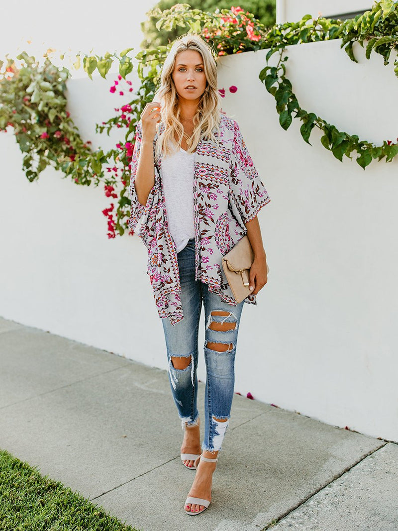 Floral Print Front Open Short Sleeve Cardigan - Landing Closet