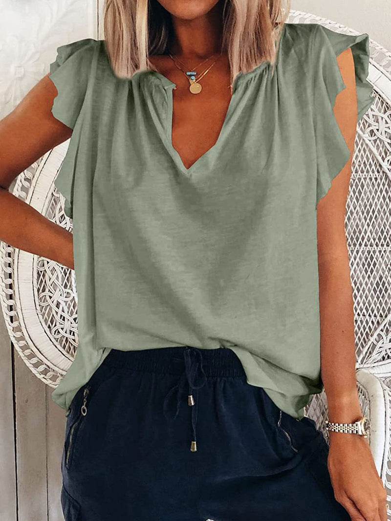 Women's T-Shirts Loose V-Neck Ruffle Short Sleeve T-Shirt