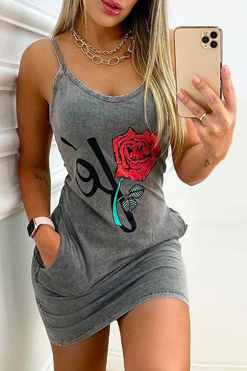 Scoop Neck Rose Printed Bodycon Cami Dress