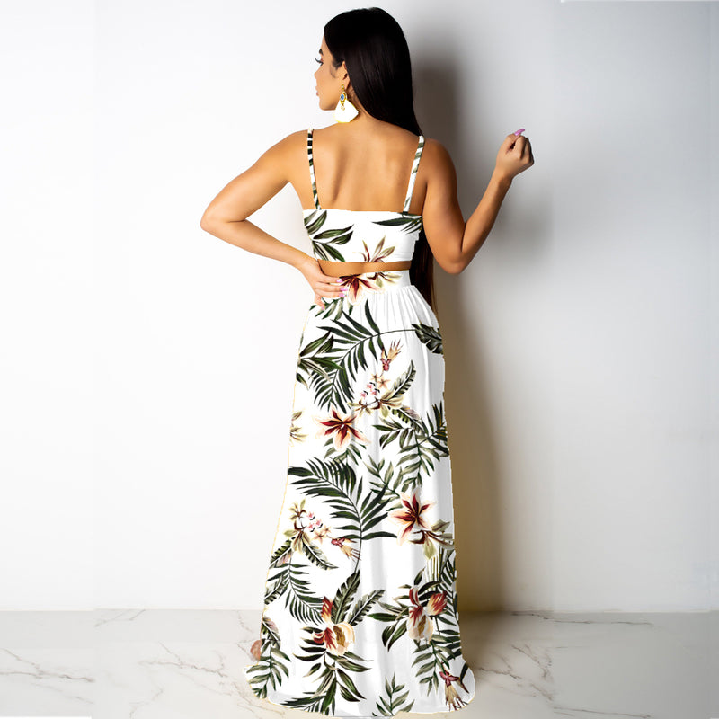 Deep V Neck High Split Maxi Dresses Skirt Set