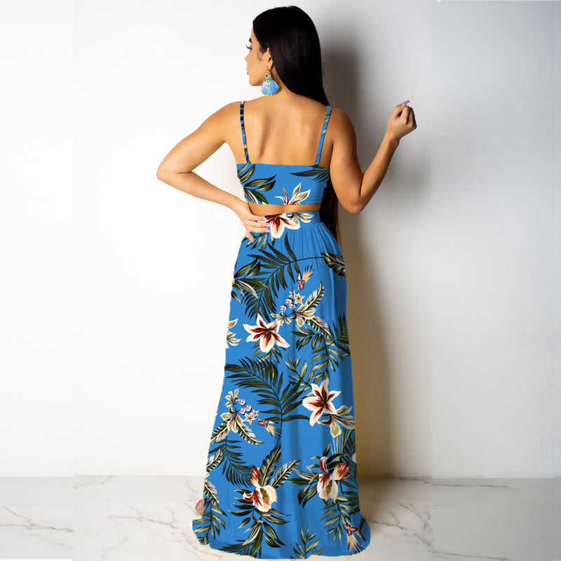 Deep V Neck High Split Maxi Dresses Skirt Set