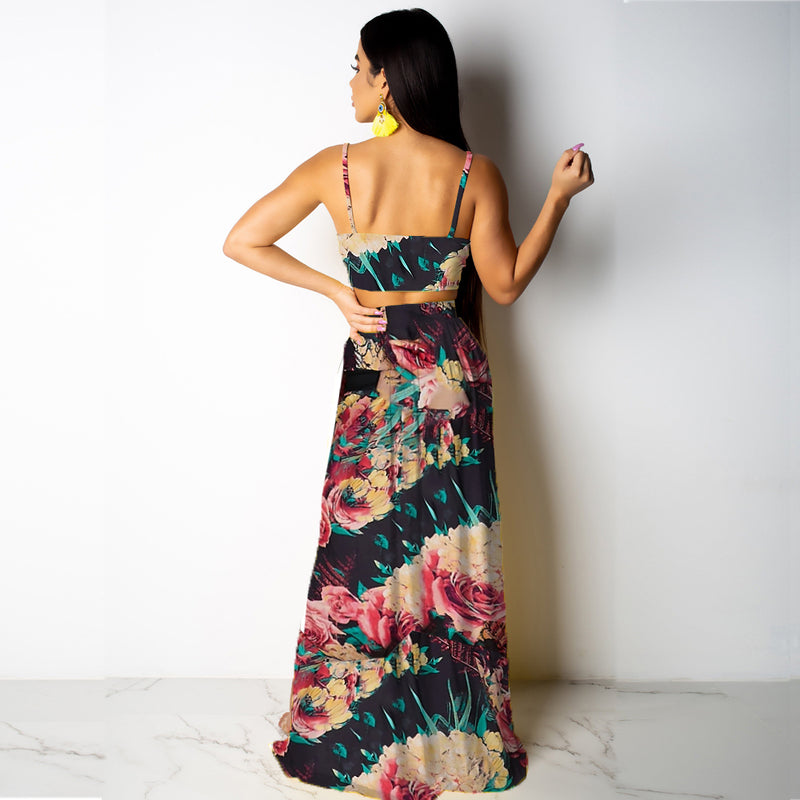 Deep V Neck High Split Maxi Dresses Skirt Set