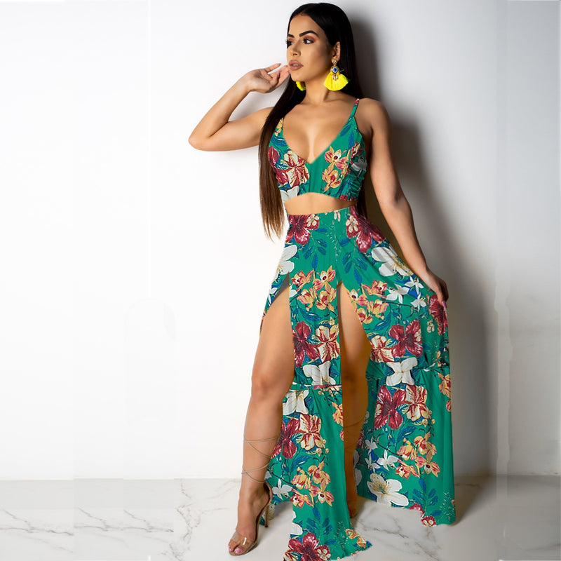 Deep V Neck High Split Maxi Dresses Skirt Set