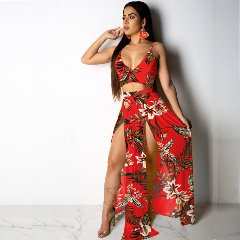 Deep V Neck High Split Maxi Dresses Skirt Set