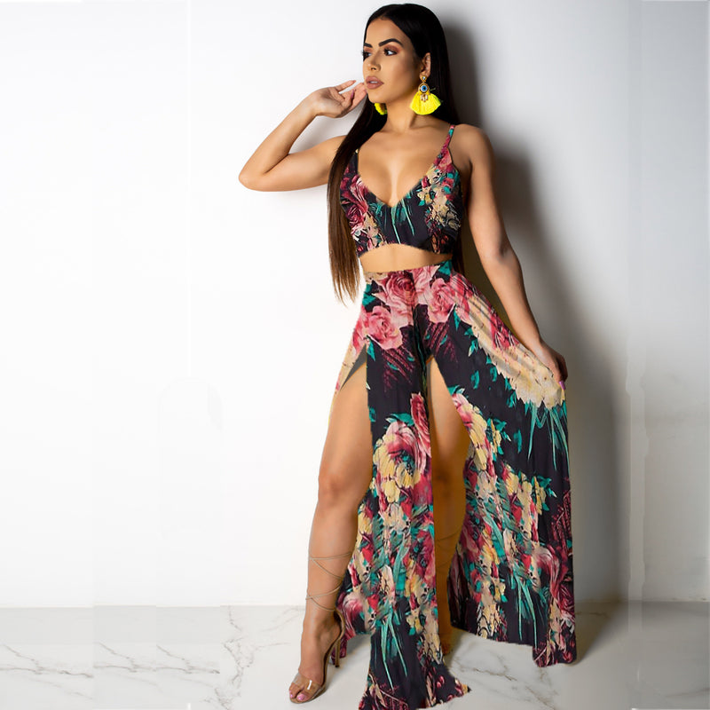 Deep V Neck High Split Maxi Dresses Skirt Set