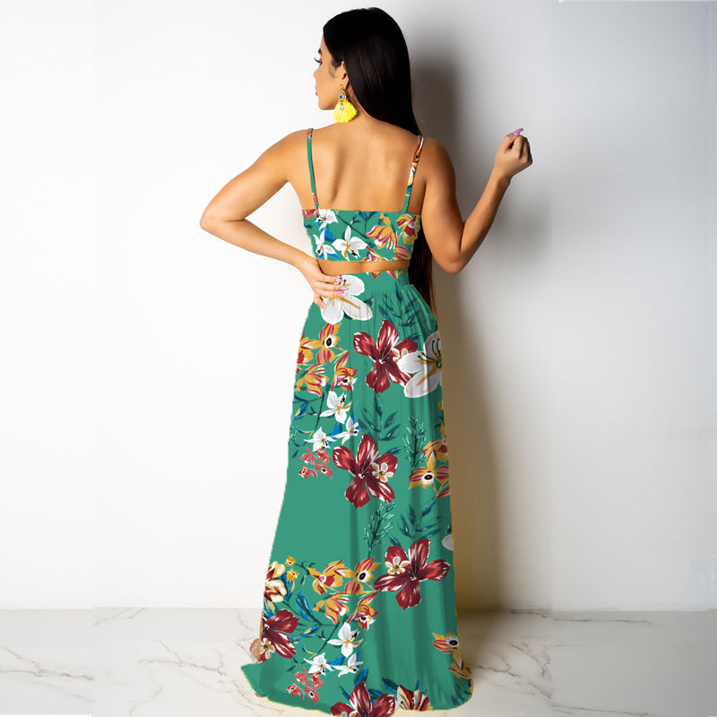 Deep V Neck High Split Maxi Dresses Skirt Set