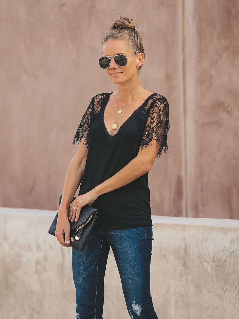 Sweet Side Lace Deep V-neck Top T-shirt