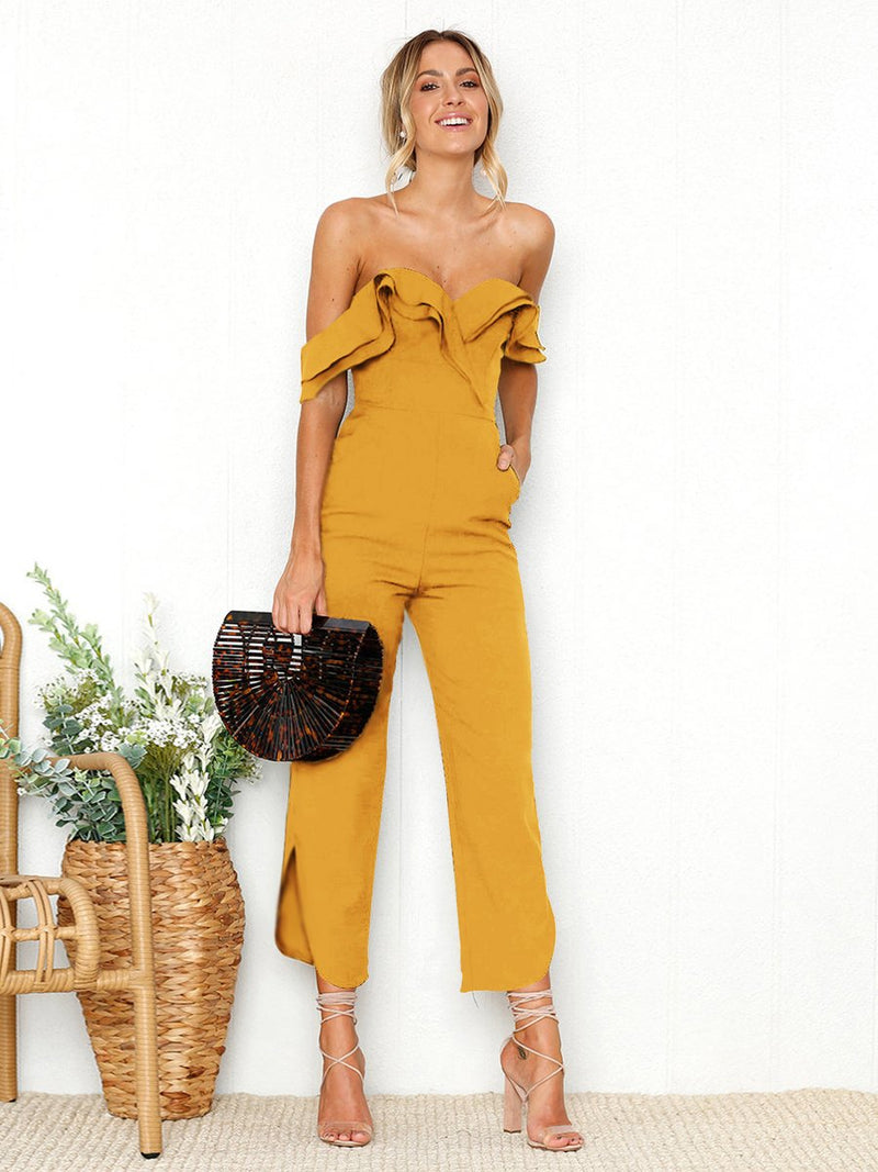 Black Sleeveless Plain Casual Off Shoulder Zip Back Jumpsuit - Landing Closet