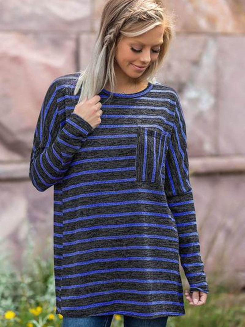 Long Sleeve Stripe Crew Neck Pocket T-shirt