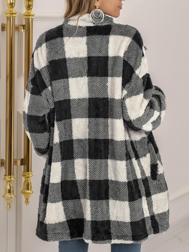 Plush Plaid Lapel Button Loose Coat