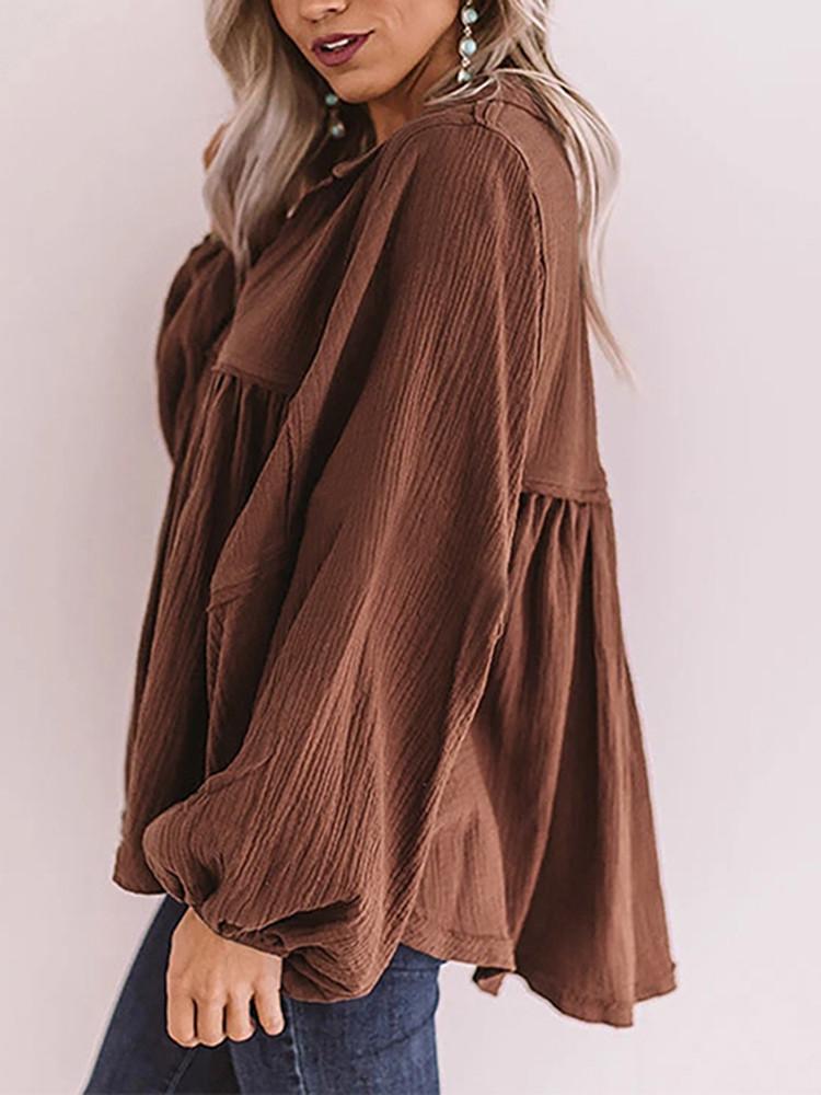 Lapel  V-neck Lantern Sleeve Pleated Blouse