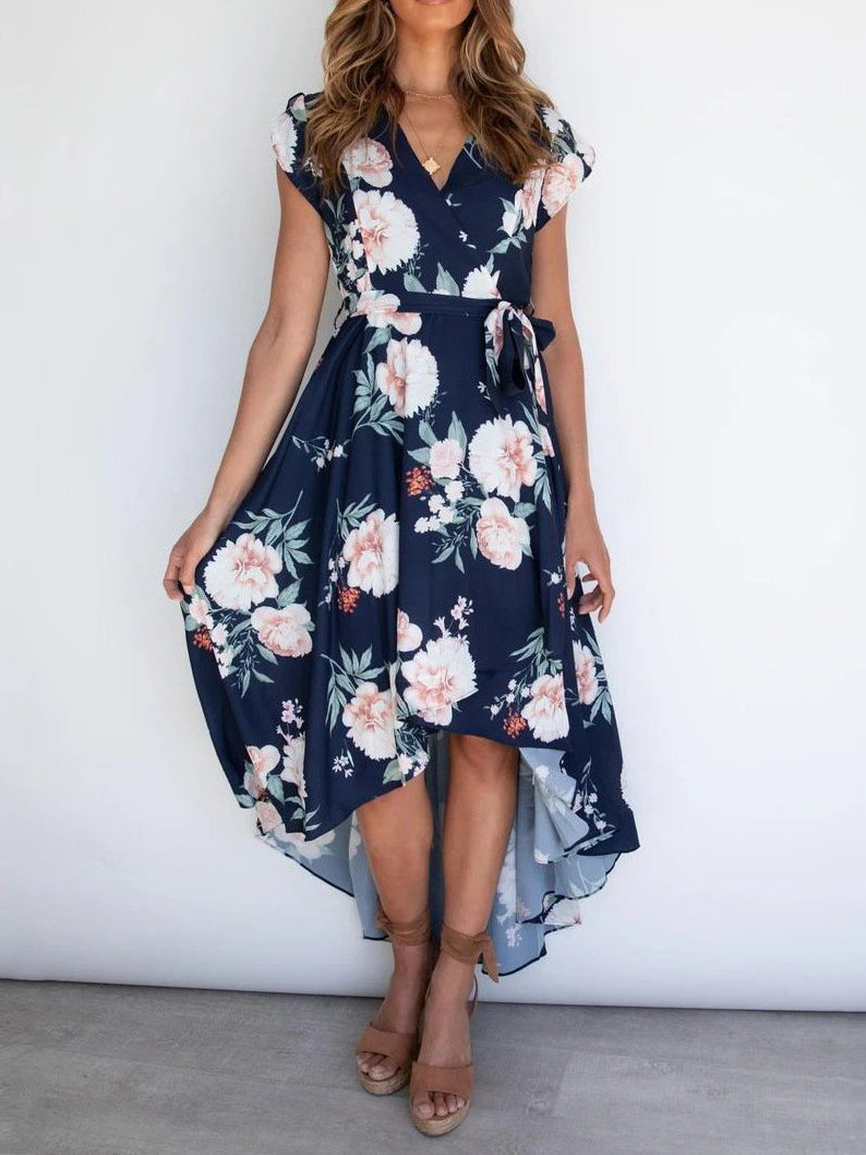 Sleeveless V Neck Tie Waist High Low Floral Maxi Dress