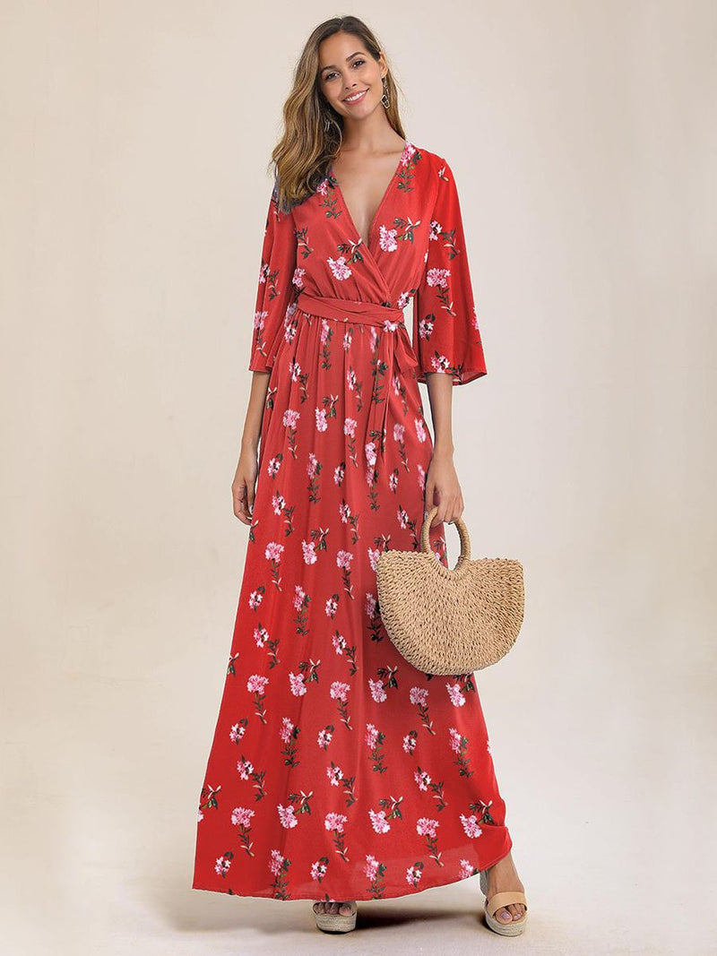 Floral Print Wrap Knotted Dress