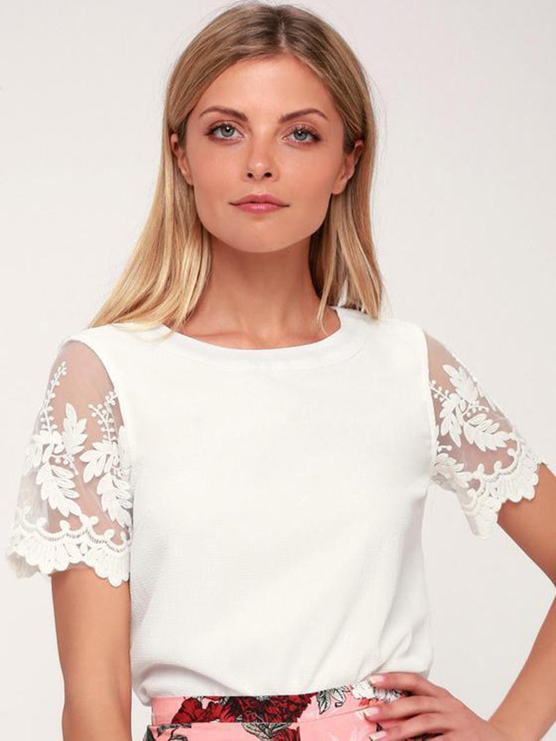 White Short Sleeve Floral Embroidered Office Lace Top