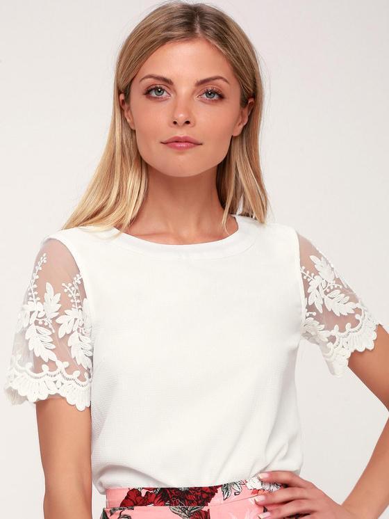 Navy Short Sleeve Floral Embroidered Office Lace Top - Landing Closet